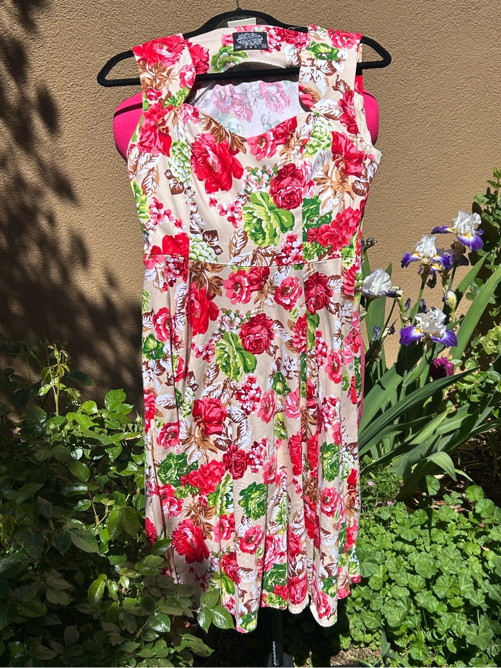 Hearts & Roses Floral Sleeveless Cream Dress with Pink & Green Print